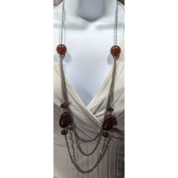 Funky Layered Brown Acrylic And Silver Tone Chain Necklace - Picture 1 of 5